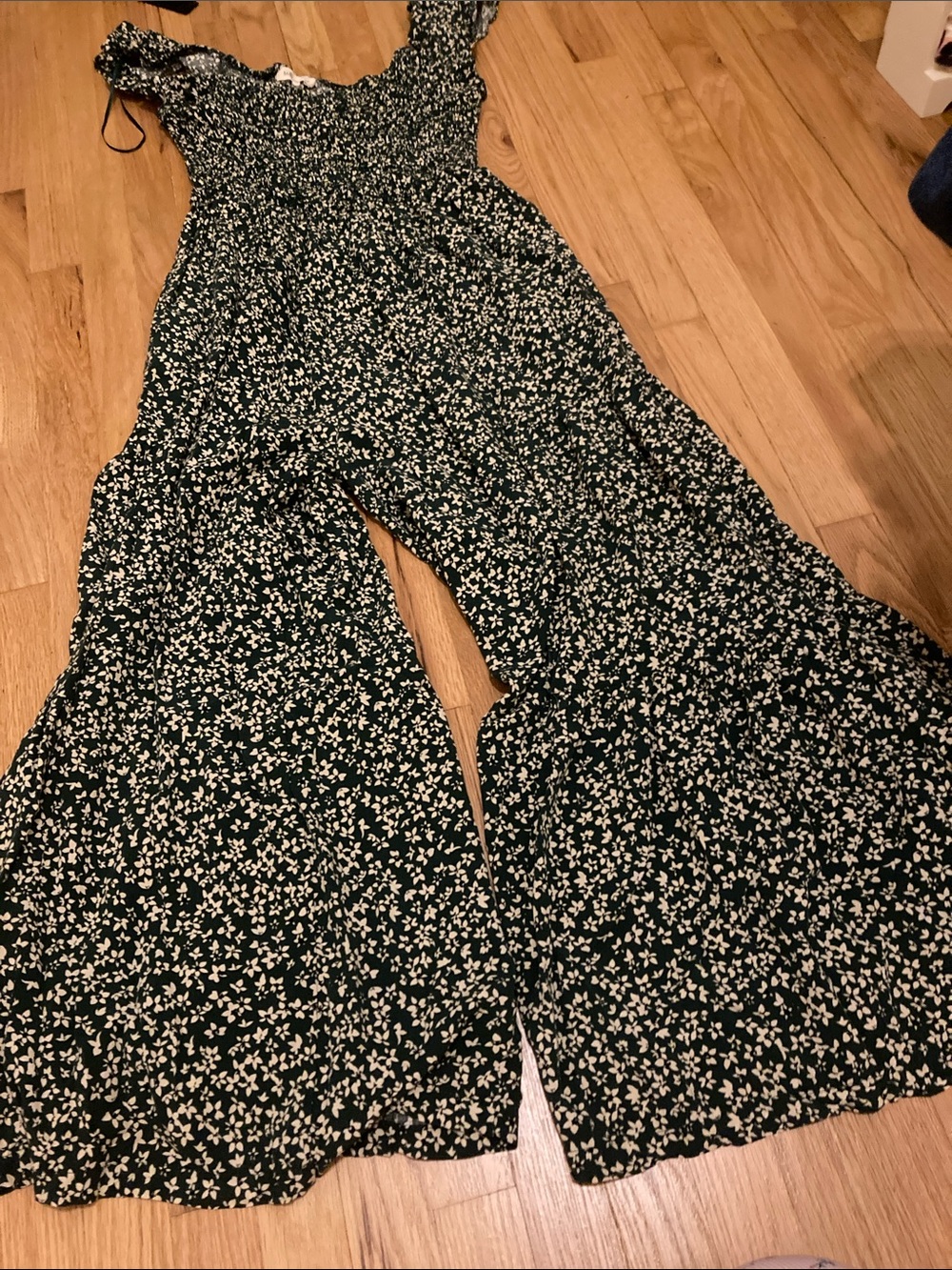 Millibon Dark Green Floral Smocked Wide-Leg Jumpsuit
